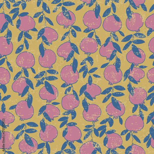 Seamless pattern. Pomegranate tree branches with fruit. Outlined vector illustration on light-colored background for surface design and other design projects Shana Tova