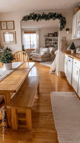 Cozy living space with wooden dining table and festive decorations during daytime