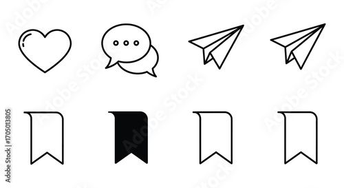 simple icons depicting heart speech bubble paper planes bookmarks