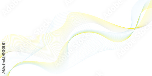 Abstract flowing wave lines in gradient colors of soft blue and golden yellow on a white background, smooth curves creating a sense of motion and harmony, minimalistic modern design, elegant and airy,