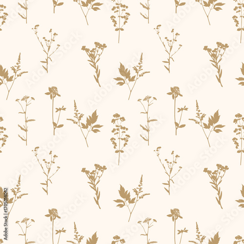 Meadow flowers and herbs pattern, golden botanical silhouette of plants, wild herbs on beige cream background.