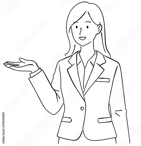 笑顔で受付の案内をする女性のビジネスマンのおしゃれな線画アイコンベクターイラスト / オフィス / ラインアート