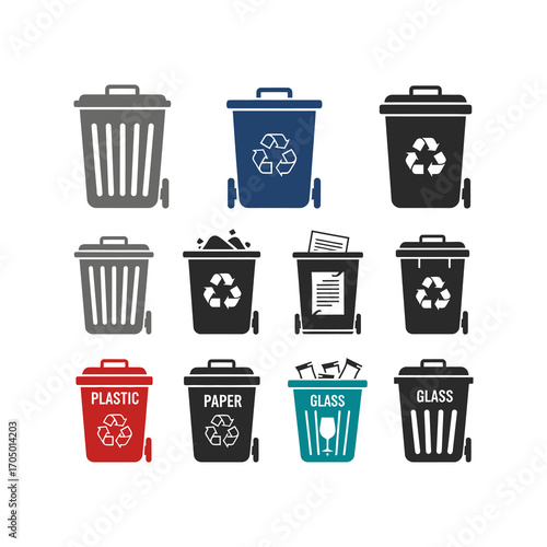 A collection of various recycling and trash bins, including containers for plastic, paper, and glass, with distinct colors and symbols.