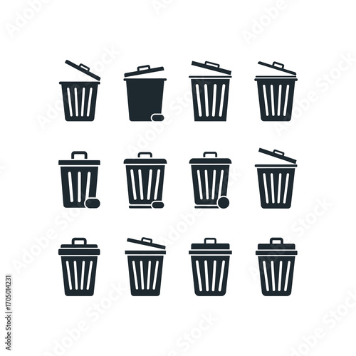 A grid of twelve distinct black and white vector icons representing various designs of trash cans and waste bins, some with open lids, others closed.