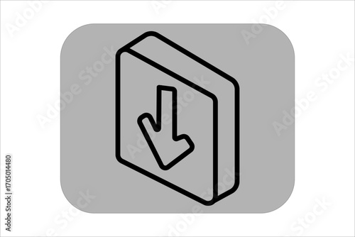 This image is a simple graphic icon representing a download. It shows a three-dimensional, rectangular block with a prominent, downward-pointing arrow on its front face
