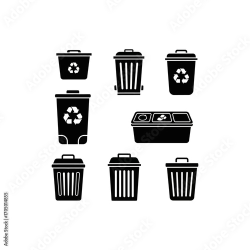 A collection of nine black and white vector icons depicting various trash cans and recycling bins, some featuring the recycle symbol.