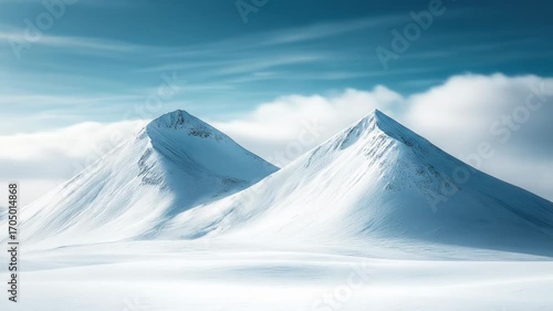 Snowy twin peaks against a pale blue sky with wispy clouds