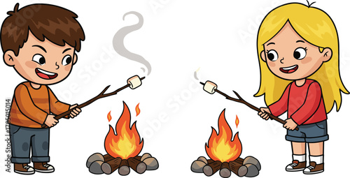 Happy kids roasting marshmallows over campfire illustration, cartoon children camping outdoors, enjoying fire, fun family activity, cute camping vector design