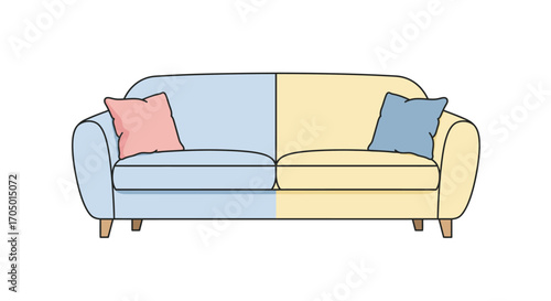 Illustration of a two-tone sofa with pillows, half blue and half yellow.