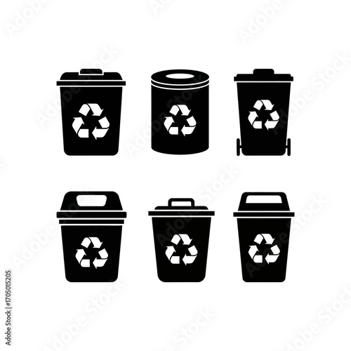 Six distinct black silhouette icons of recycling bins, each featuring the universal recycling symbol.
