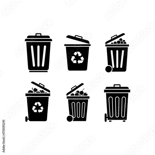 A collection of black silhouette icons depicting various designs of trash cans, waste bins, and recycling containers on a white background.