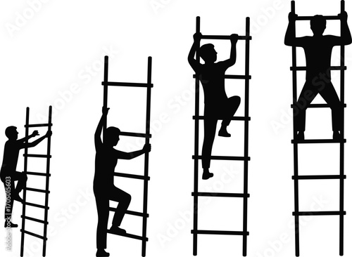 Silhouette of man climbing ladder, success concept, career growth, achievement, upward movement, business metaphor, challenge, ambition, progress, goal