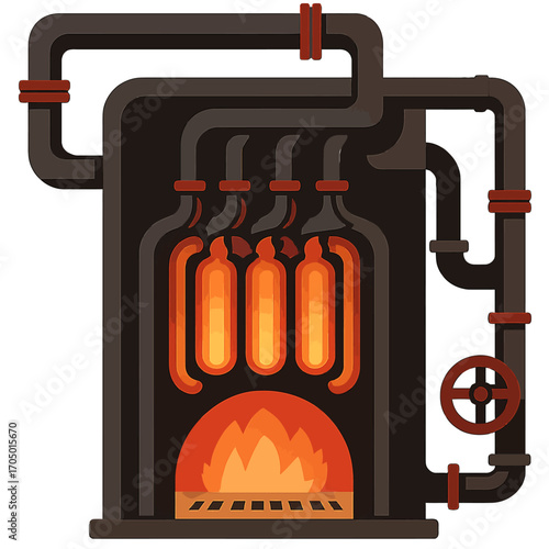 Industrial furnace with glowing flames and pipes in flat art style