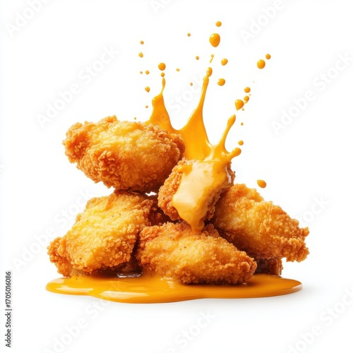 Golden chicken strips splashing, yellow mustard sauce, isolate on white background. cutout png.