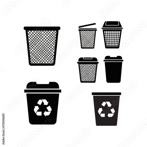 Vector illustration set of black silhouette icons showing different types of trash cans, waste baskets, and recycling bins on a white background.