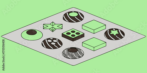 A visually rich and elegant assortment of gourmet chocolates arranged on a dark surface. The chocolates are of various shapes—hearts, stars, domes, and squares—and are decorated with intricate pattern