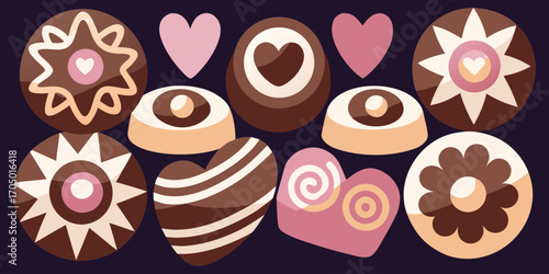A visually rich and elegant assortment of gourmet chocolates arranged on a dark surface. The chocolates are of various shapes—hearts, stars, domes, and squares—and are decorated with intricate pattern