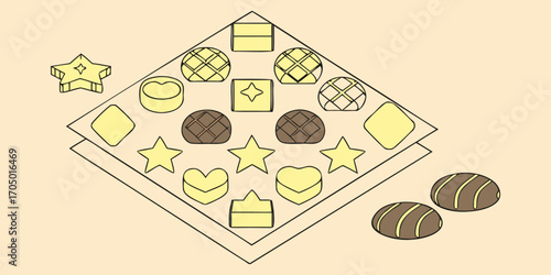 A visually rich and elegant assortment of gourmet chocolates arranged on a dark surface. The chocolates are of various shapes—hearts, stars, domes, and squares—and are decorated with intricate pattern