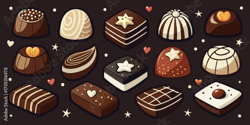 A visually rich and elegant assortment of gourmet chocolates arranged on a dark surface. The chocolates are of various shapes—hearts, stars, domes, and squares—and are decorated with intricate pattern