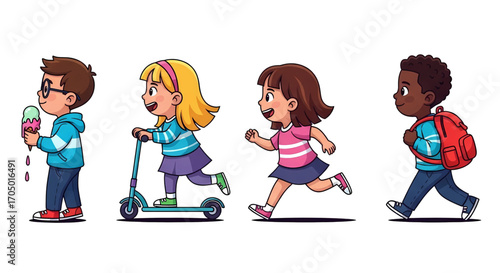 Set of diverse cartoon children walking running and playing from a side view showing various childhood activities.
