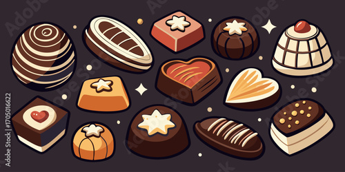 A visually rich and elegant assortment of gourmet chocolates arranged on a dark surface. The chocolates are of various shapes—hearts, stars, domes, and squares—and are decorated with intricate pattern