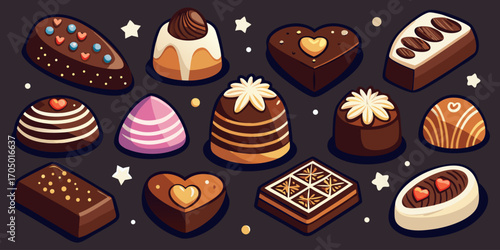 A visually rich and elegant assortment of gourmet chocolates arranged on a dark surface. The chocolates are of various shapes—hearts, stars, domes, and squares—and are decorated with intricate pattern