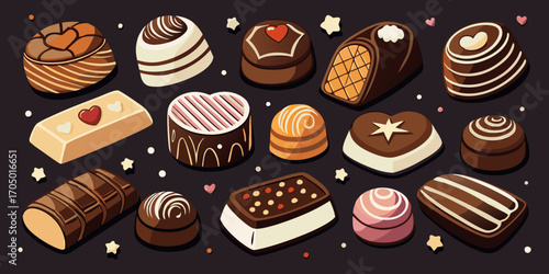 A visually rich and elegant assortment of gourmet chocolates arranged on a dark surface. The chocolates are of various shapes—hearts, stars, domes, and squares—and are decorated with intricate pattern
