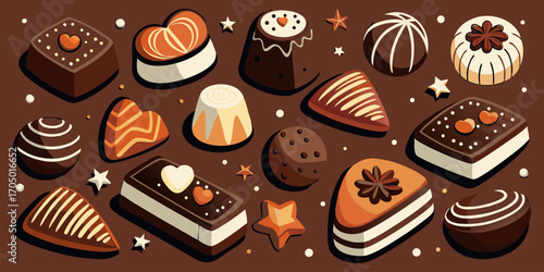 A visually rich and elegant assortment of gourmet chocolates arranged on a dark surface. The chocolates are of various shapes—hearts, stars, domes, and squares—and are decorated with intricate pattern