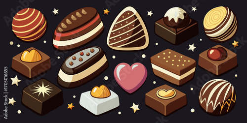 A visually rich and elegant assortment of gourmet chocolates arranged on a dark surface. The chocolates are of various shapes—hearts, stars, domes, and squares—and are decorated with intricate pattern