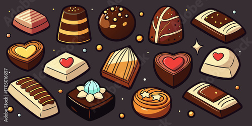 A visually rich and elegant assortment of gourmet chocolates arranged on a dark surface. The chocolates are of various shapes—hearts, stars, domes, and squares—and are decorated with intricate pattern