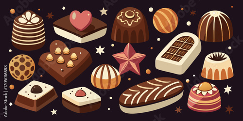 A visually rich and elegant assortment of gourmet chocolates arranged on a dark surface. The chocolates are of various shapes—hearts, stars, domes, and squares—and are decorated with intricate pattern