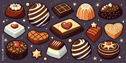 A visually rich and elegant assortment of gourmet chocolates arranged on a dark surface. The chocolates are of various shapes—hearts, stars, domes, and squares—and are decorated with intricate pattern