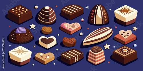 A visually rich and elegant assortment of gourmet chocolates arranged on a dark surface. The chocolates are of various shapes—hearts, stars, domes, and squares—and are decorated with intricate pattern