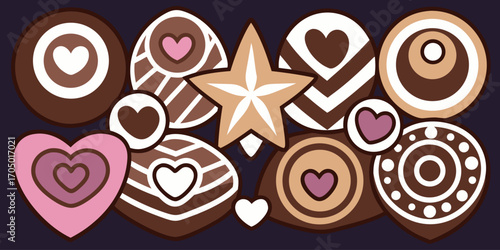 A visually rich and elegant assortment of gourmet chocolates arranged on a dark surface. The chocolates are of various shapes—hearts, stars, domes, and squares—and are decorated with intricate pattern