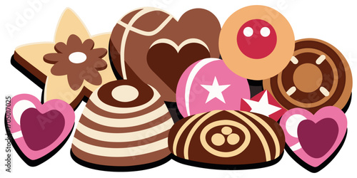 A visually rich and elegant assortment of gourmet chocolates arranged on a dark surface. The chocolates are of various shapes—hearts, stars, domes, and squares—and are decorated with intricate pattern