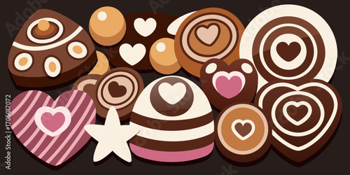 A visually rich and elegant assortment of gourmet chocolates arranged on a dark surface. The chocolates are of various shapes—hearts, stars, domes, and squares—and are decorated with intricate pattern