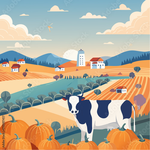 Modern abstract vector illustration with pumpkins, cow, fields, gardener, village landscape and farmer for agriculture