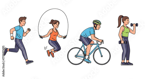 Set of people doing different fitness exercises and sport activities like running cycling and lifting weights for a healthy lifestyle.
