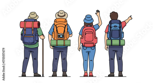 Group of hikers with large backpacks and hiking gear standing together from a back view for outdoor travel and adventure concepts.
