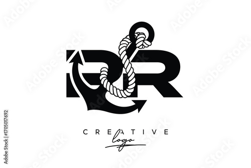 PR Creative Monogram Latter Logo with Anchor and Rope Design Minimalistic Logo Design 