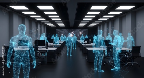 Modern Office with Holographic People Digital Workplace Futuristic Business Meeting
