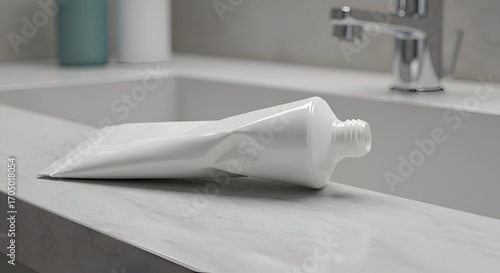 Wallpaper Mural Empty toothpaste tube on a bathroom countertop with a blurred background of a sink and faucet. Used tube on a marble countertop in a modern bathroom setting. Torontodigital.ca