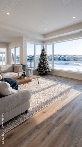 Cozy winter living room with a Christmas tree and lake view during bright sunny day