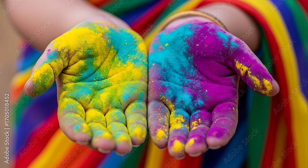 Obraz premium Closeup of hands covered in vibrant holi powder colors, celebrating the festival of colors