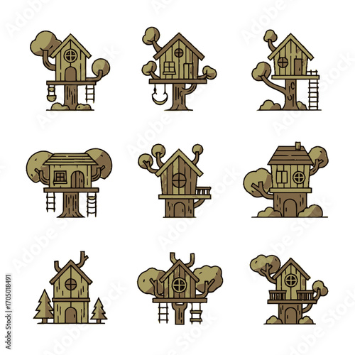 Collection of Cartoon Treehouses with Ladders and Unique Designs.