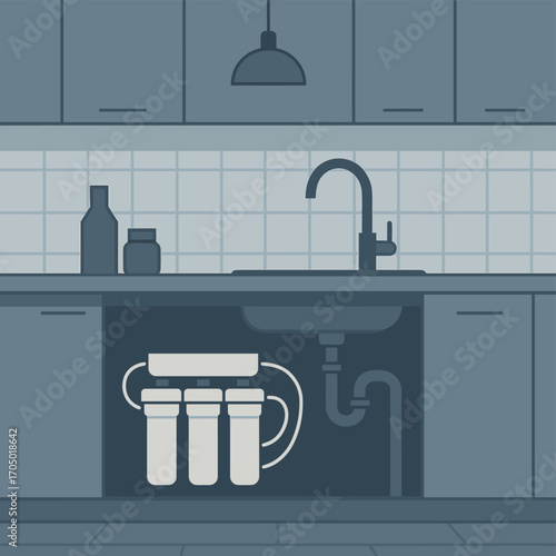 Modern linear design of kitchen with under sink water filtration system