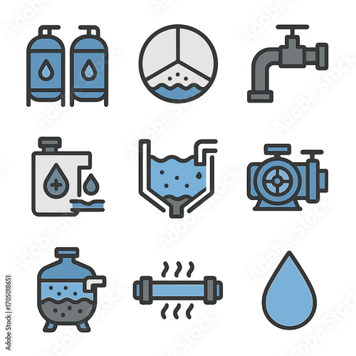Water treatment icons set featuring filtration and purification systems in modern flat style
