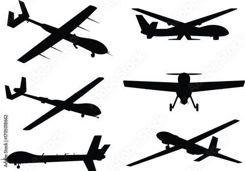 Silhouette of military drone aircraft collection, unmanned aerial vehicles, UAV illustration for surveillance, aviation, air force, combat, or defense use