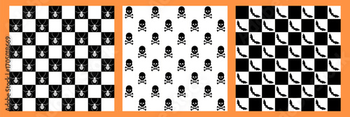 Halloween monochrome geometric pattern set. Retro style art collection with black checkered background and spiders, bats, moths, skull and bones