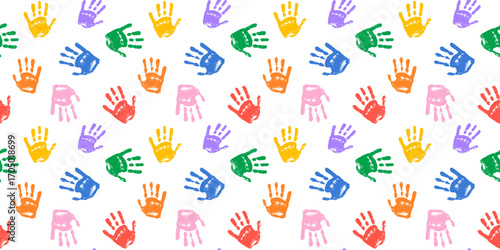 Color hand print seamless pattern. Cute kids palms